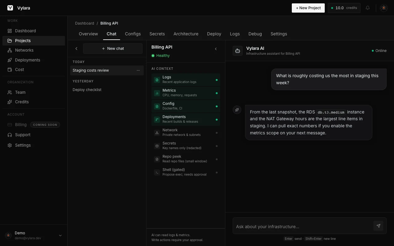 Vylara in-project chat: conversation about staging costs and infrastructure signals