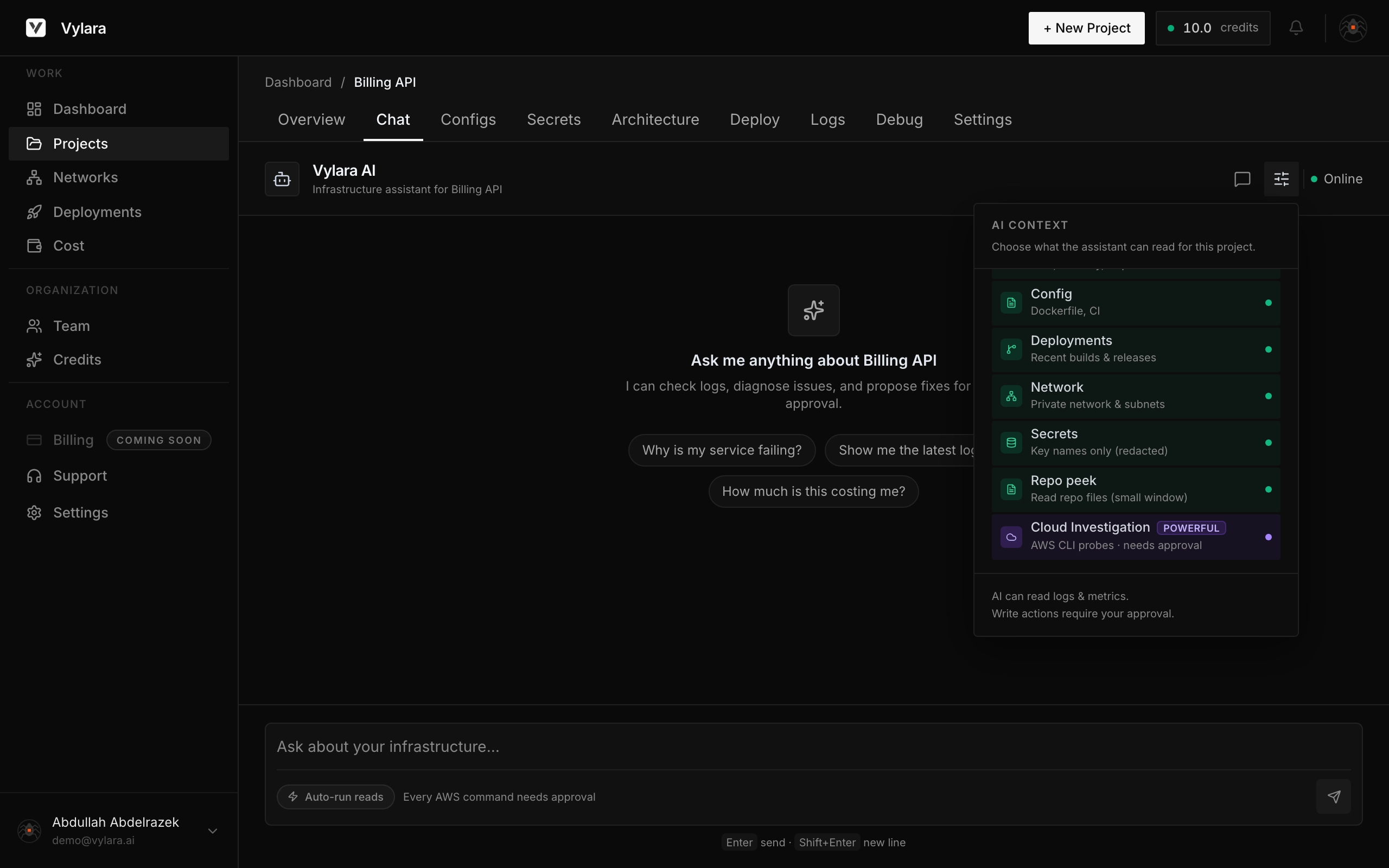 Vylara in-project chat: conversation about staging costs and infrastructure signals